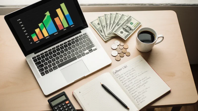 Income breakdowns — tracking income streams across a desk with charts, cash, and a calculator